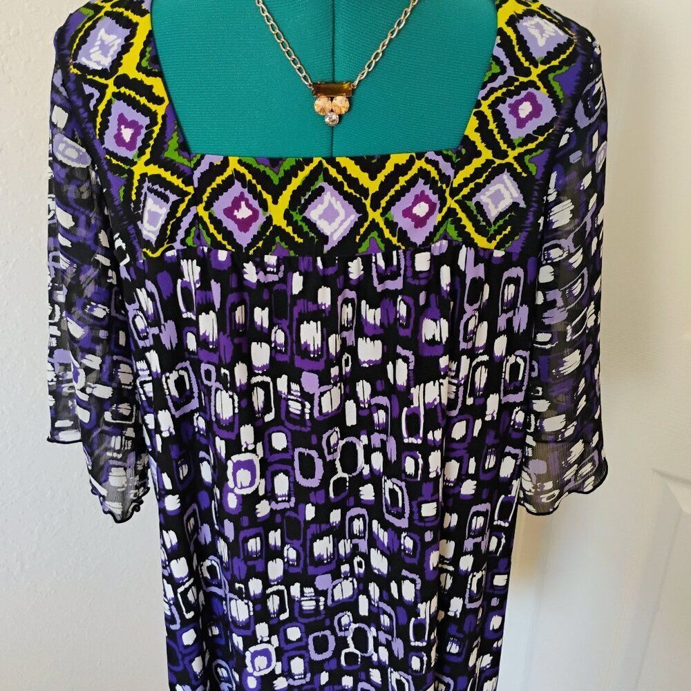 Notations Purple Geometric Print Boho Blouse Large